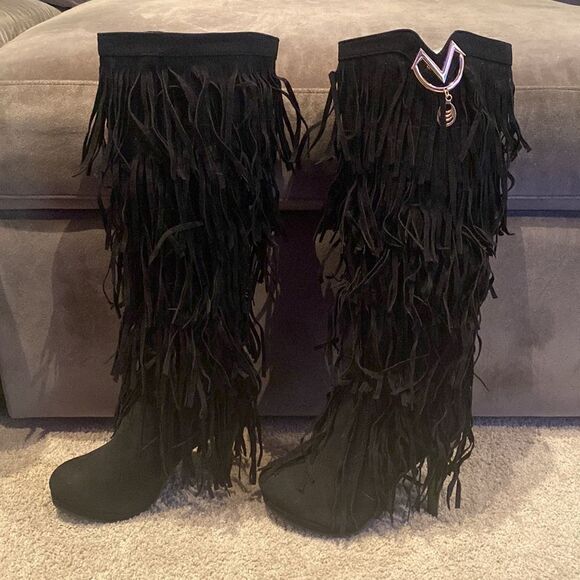 Women’s Black Fringed Tassel Faux Suede HighHeel KneeHigh Boot Size 41 (10.5 US) - Picture 10 of 14